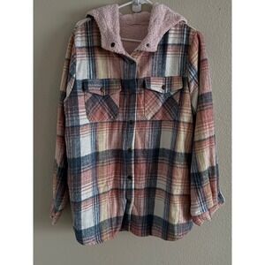 Womens NWOT Pink Plaid Sherpa Lined Hooded Shacket Button Down Long Sleeve XL